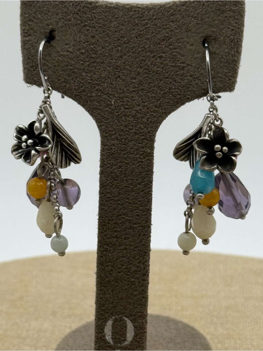 Floral Multi-Bead Dangle Earrings - Silver with Blue, Purple & Yellow Beads